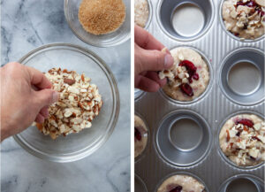 Left image is a hand breaking apart some of the almond slices. Right image is a hand sprinkling almond slices and sugar on top of muffin batter in a pan.