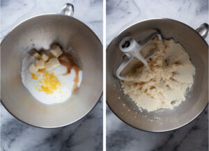 Left image is butter, sugar, vanilla, lemon zest in a mixing bowl. Right image is cake ingredients creamed together in a mixing bowl with a mixing paddle in it.