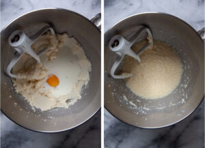 Left image is mixing bowl with creamed sugar and butter in it and milk and egg added. Right image is ingredients mixed together.