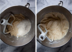 Left image is cake batter with flour added to it. Right image is the cake batter mixed together.