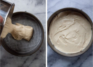 Left image is cake batter being poured into a prepared pan. Right image is cake batter spread evenly into the bottom of the pan.