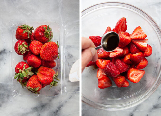 Left image is a pound of strawberries in a plastic container. Right image is the strawberries cut in half and balsamic vinegar being poured on to them in a bowl.