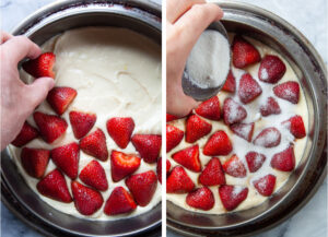 Left image is a cake being topped with strawberry halves. Right image is sugar being sprinkled over the strawberries.