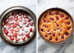 Left image is unbaked cake with strawberries and sugar sprinkled on top, ready to baked. Right image is cake baked golden brown.