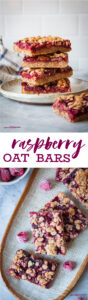 Top image is a stack of raspberry oat bars on a plate, with a raspberry oat bar on the table in front of it. Bottom image is raspberry oat bars on an oval plate, with some frozen raspberries next to them.