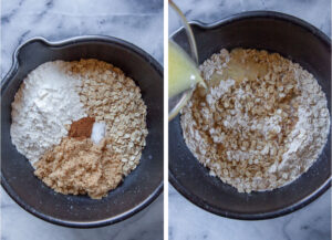 Left image is oat crust ingredients in a bowl. Right image is oat crust ingredients mixed together, with butter being drizzled into bowl.