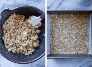 Left image is oat crust mixed with butter in a bowl. Right image is oat crust pressed into the bottom of the pan.