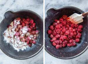 Left image is raspberries in a bowl with raspberry filling ingredients. Right image is raspberry filling ingredients mixed together with a spatula in the bowl.
