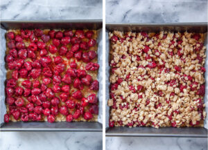 Left image is raspberries evenly distributed over crust. Right image is reserve oat crust sprinkled over raspberry filling.