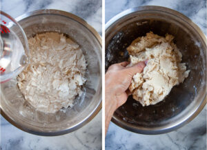 Left image is water being drizzled into the dough ingredients. Right image is a hand massaging and forming the pie dough.