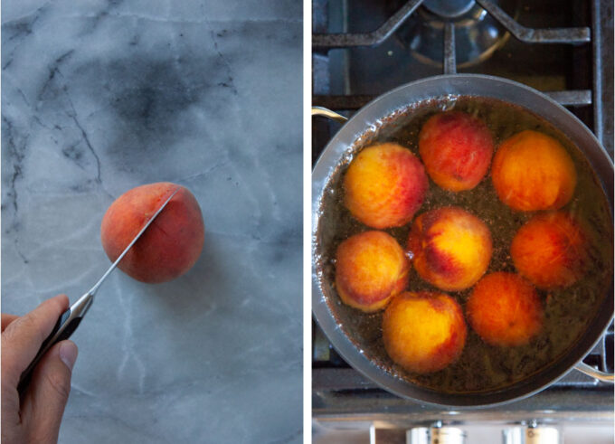Left image is a hand slicing an X on the bottom of a peach. Right image is peaches cooking in a boiling pot of water.