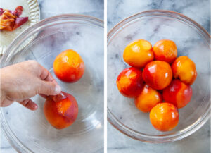 Left image is a hand peeling a peach in a bowl. Right image is a bowl of peeled peaches.