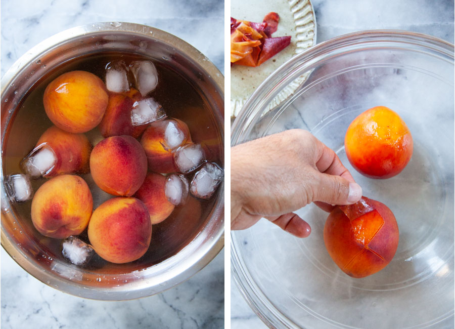 Left image is peaches in a ice water bath. Right image is a hand peeling the skin off of a peach in a bowl.