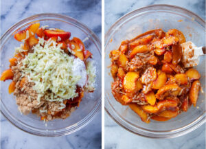 Left image is a bowl with the peach fillings in it. Right image is the peach filling mixed together.