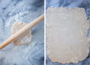 Left image is a rolling pin sitting on a disk of pie dough. Right image is the pie dough rolled out into a rectangle.