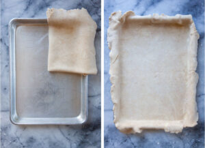 Left image is pie dough folded into quarters. Right image is the dough unfolded and fitted into a quarter sheet pan.