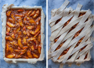 Left image is the pie pan fitted with the bottom crust and the peach filling in it. Right image is a woven crust top over the pie filling.