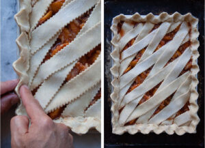 Left image is hands crimping edges of pie to seal the top and bottom crust. Right image is the pie on a rimmed baking sheet.