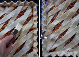 Left image is a hand brushing an egg wash on the crust top. Right image is a spoon sprinkling Turbinado sugar over the crust.