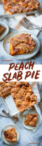 Top image is a slice of peach slab pie on a plate with the rest of the pie behind it. Bottom image is two slices of peach pie on different plates, with the rest of the pie next to them.