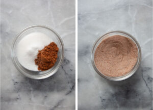 Left image is sugar and pumpkin pie spice blend in a small bowl. Right image is the sugar and spices blended together.