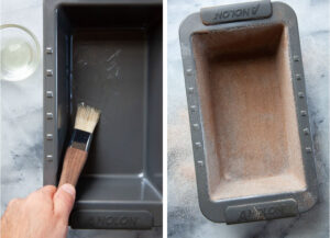 Left image is a a hand brushing melted shortening into the pan. Right image is the pan coated with sugar spice blend.