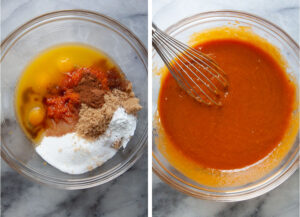 Left image is pumpkin bread ingredients in a bowl. Right image is the ingredients whisked together.
