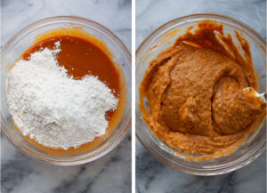 Left image is flour in the bowl with the pumpkin bread batter ingredients. Right image is the flour folded into the pumpkin bread batter.