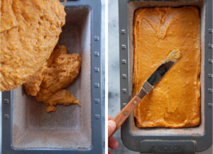 Left image is the pumpkin bread batter being poured into the prepared pan. Right image is an offset spatula spread the batter out evenly.