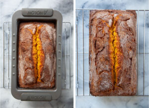 Left image is the baked pumpkin bread in the pan, cooling on a wire rack. Right image is the bread out of the pan cooling on a wire rack.