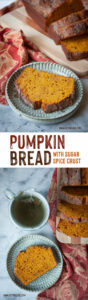 Top image is a slice of pumpkin bread on a plate with the remaining bread on a cutting board behind it. Bottom is a slice of pumpkin bread on a plate, with a cup of tea and the remaining pumpkin bread next to it.