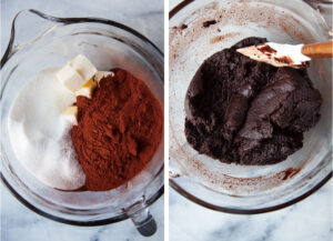 Left image is butter, sugar and cocoa in a bowl. Right image is melted butter heated up and mixed with the sugar and cocoa.