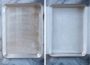 Left image is pan with cooking oil sprayed on it. Right image is pan with parchment paper in it.