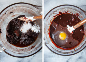 Left image is vanilla, salt, espresso powder, and baking powder added to the cocoa sugar butter mixture. Right image is an egg added to the brownie batter.