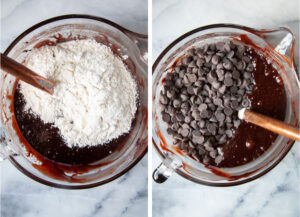 Left image is flour added to the brownie batter. Right image is chocolate chips added to the brownie batter.