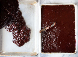 Left image is brownie batter being poured into the pan. Right image is a spatula spreading the batter evenly into the pan.