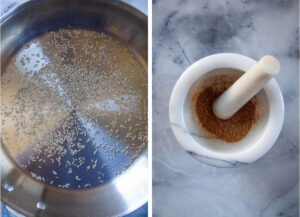 Left image is a skillet with cumin seeds in it. Right image is a mortar and pestle with toasted cumin seeds in it.