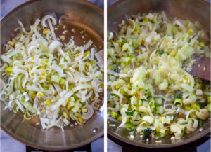 Left image is leeks, garlic and chard stems in a skillet with oil. Right image is vegetables cooked slightly until soft.