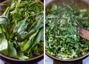Left image is greens added to the skillet. Right image is the greens cooked and wilted down in the skillet.