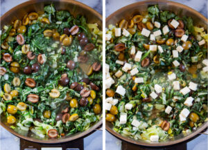 Left image is black and green ripe olives added to the skillet. Right image is feta cheese added to the skillet.