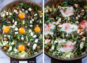 Left image is eggs cracked and added to the skillet. Right image is eggs cooked in the green shakshuka.