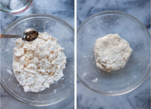 Left image is a tablespoon drizzling ice cold water into flour and butter in a glass bowl. Right image is pie dough formed at the bottom of a glass bowl.