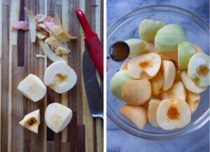 Left image is an apple peeled and then cut into 3 wedges. Right images is apple wedges in a glass bowl with apple cider vinegar being poured over them.