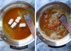 Left image is butter added to the hot pan with caramel. Right image is the caramel seizing up and hardening with a wooden spatula in the pan.
