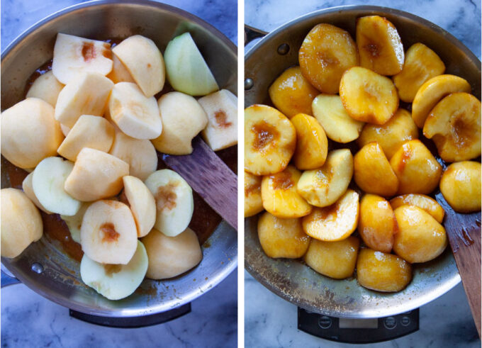 Left image is apples being added to the pan with the caramel. Right image is the apples cooked and coated in the caramel after 10 minutes.