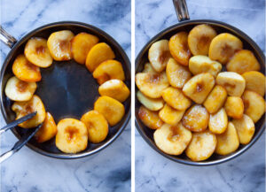 Left image is cooked apples being arranged in a circle in a smaller pan, overlapping. Right image is all the apples in the pan, arranged carefully in concentric circles.