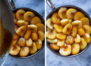 Left image is caramel being poured over the apples. Right image is the apples with the caramel poured over it.