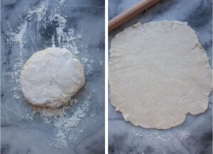 Left image is chilled pie dough on a marble slab. Right image is the pie dough rolled out into a large circle.