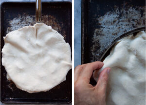 Left image is pie crust over the apples in a skillet. Right image is a hand tucking the edges of the pie crust into the side of the skillet.