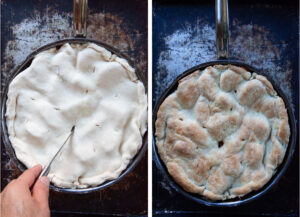 Left image is a hand cutting steam vents into the pie crust. Right image is the tarte tatin baked.